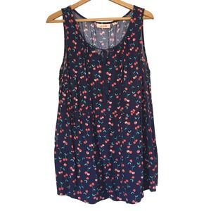 EVRI Navy Blue Cherry Print Sleeveless Tunic Dress 1X Plus Size Rayon